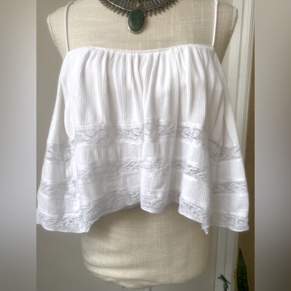 free people white strappy crop top lacy cami ruffled summer tank sz l - Picture 1 of 10